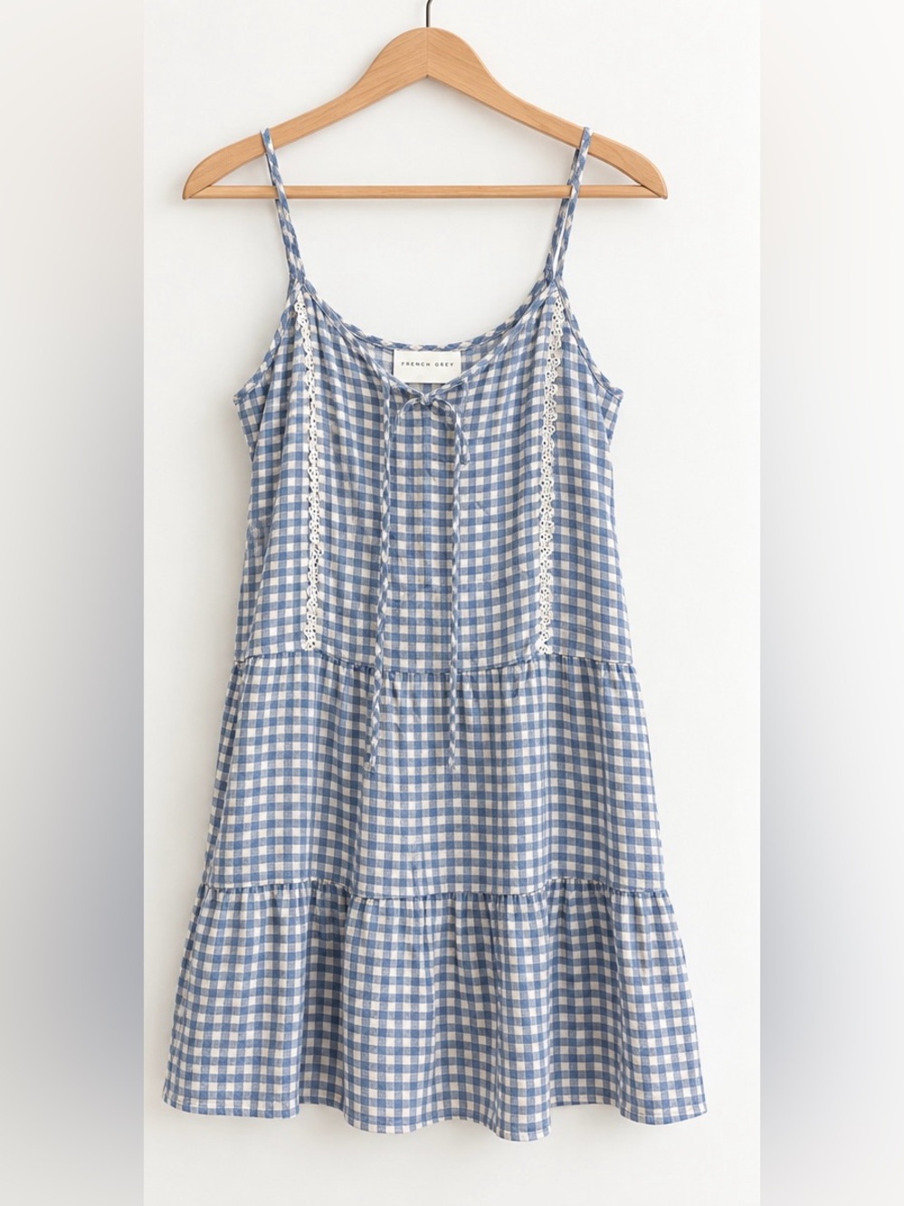 NWT French Grey Blue White Gingham Tiered Sundress Lace Trim L